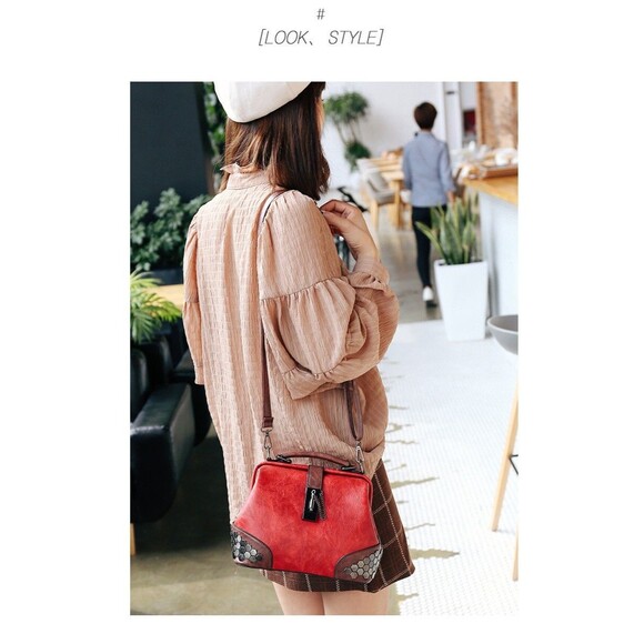 Women Red Top Handle Handbags Stud Decorated Boston Satchel Tote Shoulder Bag - Picture 4 of 6
